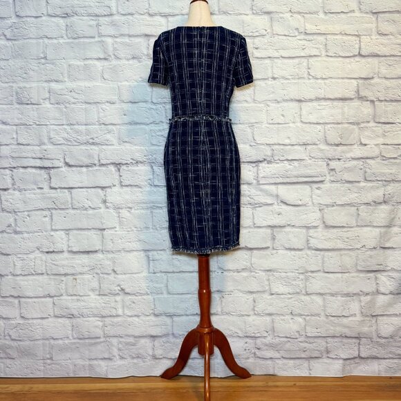 St. John Navy Blue & White Wool Blend Knit Plaid Sheath Dress - Picture 2 of 6